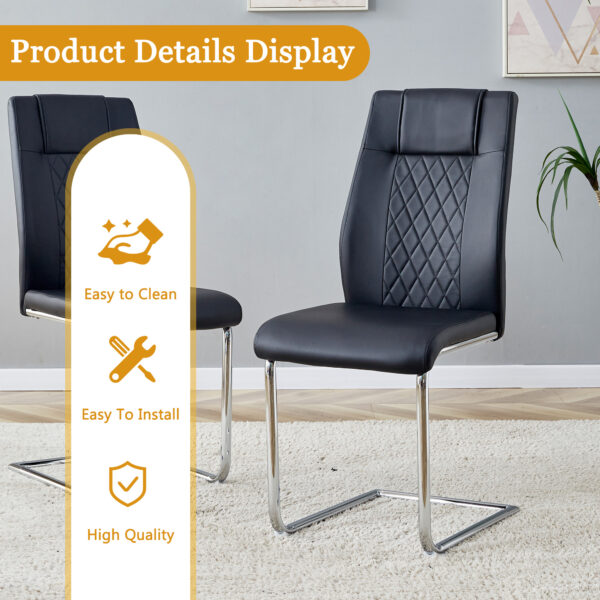 9b301a27777844a9831a6ac2d5c4d56c_9274fe2922bb6ba8dd8d0543ec6d6ba2 Table and chair set.64.5 x 35.4 Inch Stylish White Marble Textured Dining Table,Perfectly Blending Simplicity And Transparency.Paried With 6 Black High-quality PU Chairs With Silver Arched Metal Legs.