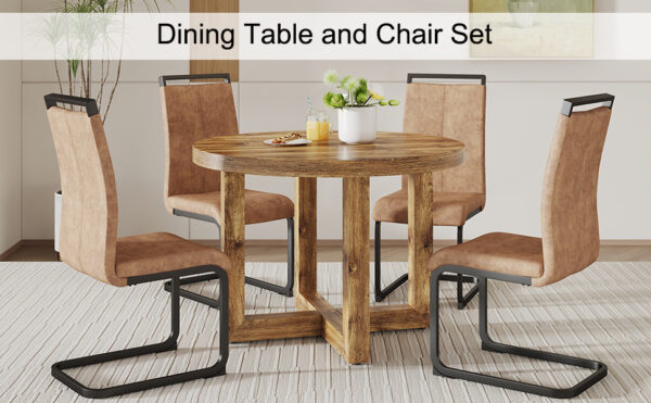 9b3417fba1be446caaa1d4eb19aecbb0_20240222_561e594efcfa62462742a5935d33ff70 A modern and practical circular dining table. Made of MDF tabletop and wooden MDF table legs. 6-piece technology cloth high backrest cushion side chair, C-shaped tube black metal legs. CT-403 C-1162