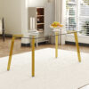 71 * 35.4 inch rectangular dining table. The transparent tempered glass tabletop is paired with golden 7-shaped metal table legs, showcasing a minimalist texture. Suitable for various places.