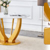 Table and chair set.Luxurious Snow Mountain White Slab Round Dining Table Set - 47"x47" with 4 Black PU Chairs with Simple Line Designs On The Backrest .Golden Metal Legs.
