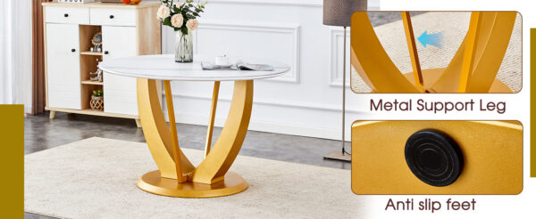 9b35a0d0ca7042a9b66e87e42bcf956d_3c70ff30b395c8e2f703f5192935f39e Table and chair set.Luxurious Snow Mountain White Slab Round Dining Table Set - 47"x47" with 4 Black PU Chairs with Simple Line Designs On The Backrest .Golden Metal Legs.
