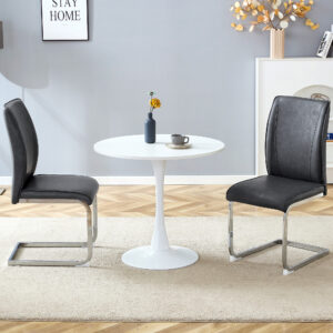 Table and chair set.Hourglass-Shaped Stable Small Round Table -31.9" * 31.9" With 2 Soft and Comfortable Dark Gray PU Chair With Arched Metal Silver Leg.Create Your Exclusive Low-Key Luxury Space.
