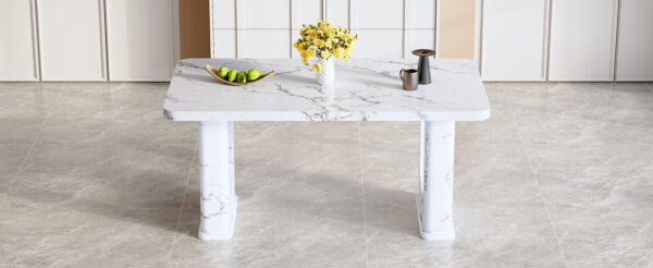 9b3f00ecb06342549295cf98651e5fcf_025bfe76644e7ef600bd9fee8e7f0ea0 64.5 x 35.4 Inch Stylish Marble Textured Dining Table, Perfectly Blending Simplicity And Transparency. Made of MDF Material With White Marble Texture Stickers, It Exudes A Strong Sense Of Fashion.