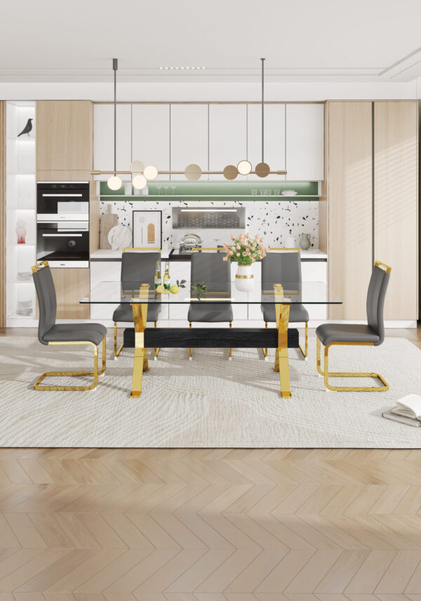 9b5f8db9e1814cea8e72adb9d3dd1ac4_20230727_5f40d7dd6eb84bce369aa39175aa3f5e Dining table. Modern tempered glass dining table. Large modern office desk with gold plated metal legs and MDF crossbars, suitable for both home and office use. Kitchen. 79 ''x39''x30 '' 1105