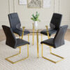 A modern minimalist style round transparent tempered glass table with gold metal legs, paired with 4 modern PU leather high-back dining chairs, bring a luxurious experience.
