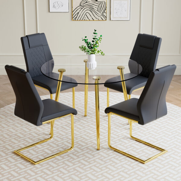 9b73b0b5cf634ba3b27152988b848ed9_fad6351190b303db0ebfbc6ca21290b7 A modern minimalist style round transparent tempered glass table with gold metal legs, paired with 4 modern PU leather high-back dining chairs, bring a luxurious experience.