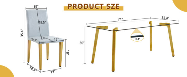 9b947bef885b4d429e4f15c5eda1f303_f9efe974aeea503289a99f24efe6664a Table and chair set.71 * 35.4 inch rectangular dining table.Tempered Glass Tabletop,Golden 7-shaped Metal Table Legs.Paried With 8 Light Gray PU dining chairs, Golden Metal Legs.Simple and versatile.