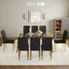 Table and chair set.71 * 35.4 inch rectangular dining table.Tempered Glass Tabletop,Golden 7-shaped Metal Table Legs.Paried With 8 Black PU dining chairs, Golden Metal Legs.Simple and versatile.