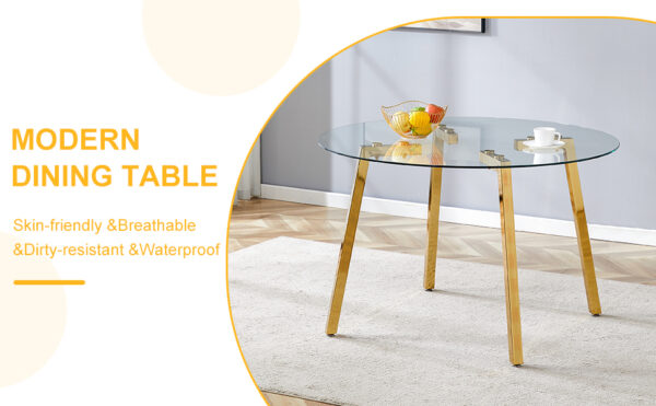 9b9d1bb7698e4a039953a8e7fb7ab54d_fdd74ca975032366ff0ccbfd85a4f20f Modern Luxurious Round Tempered Glass Dining Table with Gold 7-Shaped Metal Legs,suitable for family meals, office conferences, or as a casual coffee table for various occasions.47.3*47.3*29.5