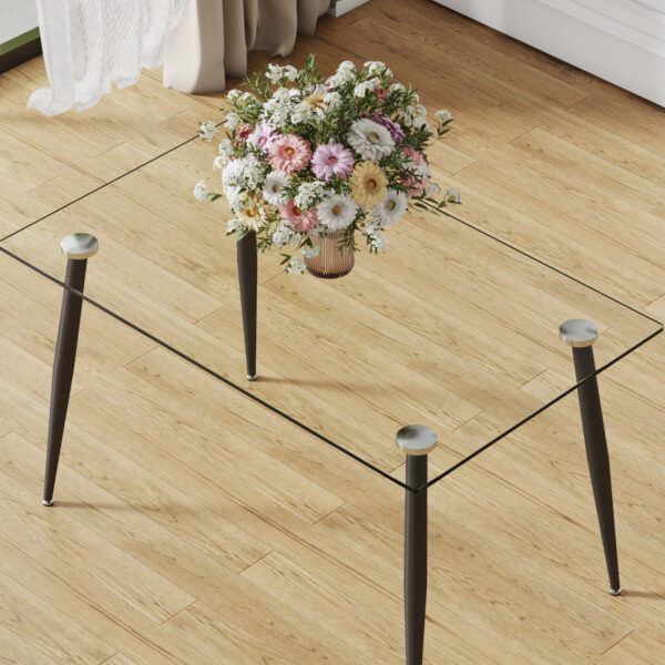 9bce1ce873ac44cca7ac5f232b9afe59_20240319_6e975c2c3c77402ccc6ef9cb9e911fce Modern rectangular glass dining table, suitable for 4-6 people, equipped with tempered glass tabletop and black metal legs, writing desk, suitable for kitchen, dining room, and living room.W1151S00805
