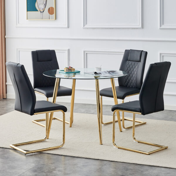 Table and chair set. Round dining table, glass tabletop with a diameter of 40 inches, and gold-plated metal legs, paired with 4 black PU cushions and a dining chair with gold-plated metal feet. DT1164