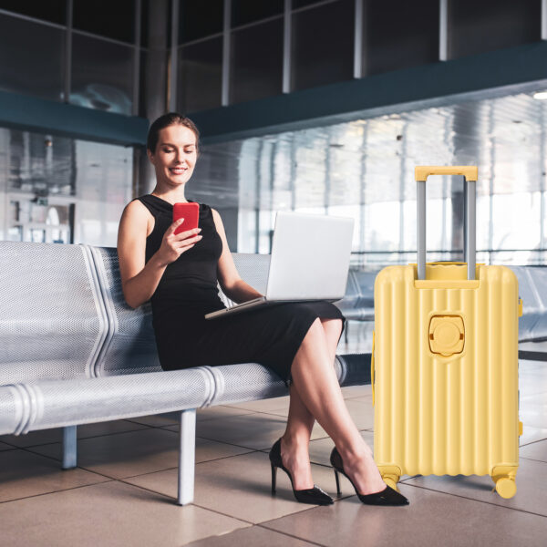 20"/24"/28" 3 pcs/set in ABS Spinner Wheel Luggage, Carry on Suitcase, with Cup Holder & USB Port & Phone Holder (Yellow)