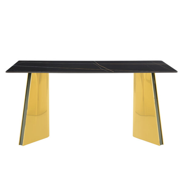 9c44a9f1199547b0a638ea9e2e9cc71a_8c25a818808f7e74e4c109fd36a0049a 63"x31.5x30" Black Marble-Patterned Slab Dining Table with Golden Stainless Steel Butterfly Legs.The tabletop is designed to be scratch and heat resistant.Slabs Tabletop,Golden Stainless Steels Legs.