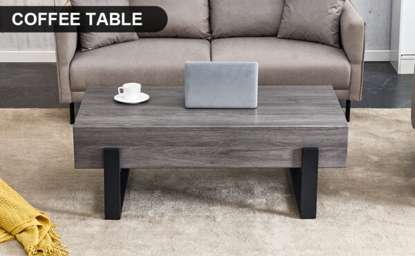 9c488ef03a2046a384096f7f6438e92e_20240122_c3168facc81a3fd2dea77eb1128b18bf A rustic gray wood grain MDF coffee table with black metal legs - an elegant space in natural wood tones