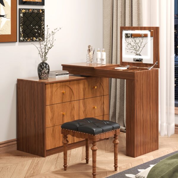Vanity Desk with Mirror and Lights, Makeup Vanity Table with Flip-Top Tabletop and Storage 7 Drawers, 9 Compartments, 3 Shelves, 3 Color Modes Adjustable Makeup Table for Bedroom, Walnut