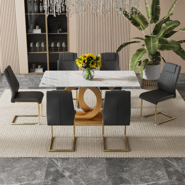 9c6bd1c7de7e485987dfa2da3365b202_1d3d10221f7993d7e87a310314cadc1d Table and chair set.Subtle Luxury Tempered Glass Dining Set - 63"x35.4" with 6 Black PU Chairs with golden C-tube metal leg.Arched Metal Gold Leg.White imitation marble texture sticker Tabletop.