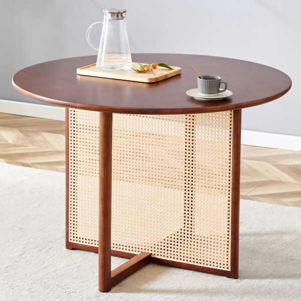 Chinese countryside retro solid wood round table, simple modern imitation rattan table, wooden table, desk. Suitable for dining room, living room, office