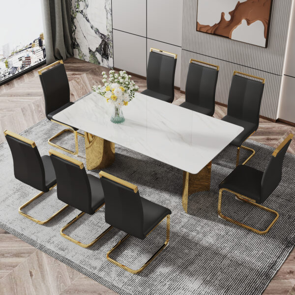 9c755af2668141e6a378601b7433f1b1_20231122_ef4281052a6b95dd36c367ab7cec6a85 Modern minimalist dining table. The white imitation marble glass desktop is equipped with golden metal legs. Suitable for restaurants and living rooms 71 "* 39.3" * 29.5 "DT-69