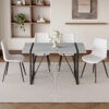 Table and chair set. Modern minimalist grey marble textured MDF dining table with metal frame. Comes with chairs with 4 PU cushions and black metal legs.