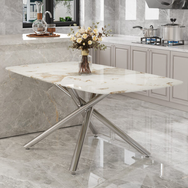 9c89ee594b6c479a808533f0eb1a7bc5_3cb118c711ba11447a1d5c4bbb836c4f Large modern minimalist rectangular dining table with 0.39 "imitation marble tabletop and silver metal legs, suitable for kitchens, restaurants, living rooms, conference rooms.W1151S00986