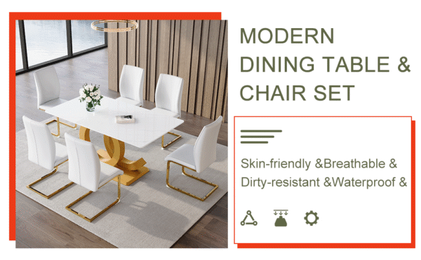 9c924a947f414c43aed546e00c955bfd_8db9337b4af2add5a97c5ec7020d6309 Table and chair set.Subtle Luxury Tempered Glass Dining Set - 63"x35.4" with 6 White PU Material High Resilience Dining Chairs.Arched Metal Gold Leg.White imitation marble texture sticker Tabletop.