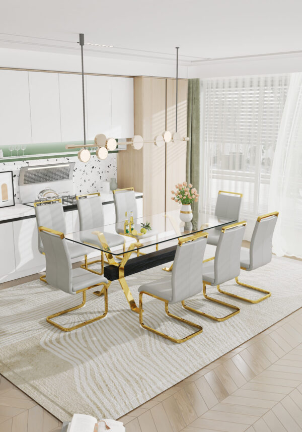 9c9ec68b4e2a404eb87fbd6923bc67d8_20230727_a6a6baae54926d445f2dd8df91596952 Dining table. Modern tempered glass dining table. Large modern office desk with gold plated metal legs and MDF crossbars, suitable for both home and office use. Kitchen. 79 ''x39''x30 '' 1105