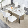 Table and chair set.63"x31.5x30" Luxurious Pandora patterned Sintered Stone Tabletop with Silver Stainless Steel Legs.Paried With 4 White PU Chairs with a vertical stripe design on the backrest.