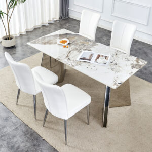 Table and chair set.63"x31.5x30" Luxurious Pandora patterned Sintered Stone Tabletop with Silver Stainless Steel Legs.Paried With 4 White PU Chairs with a vertical stripe design on the backrest.
