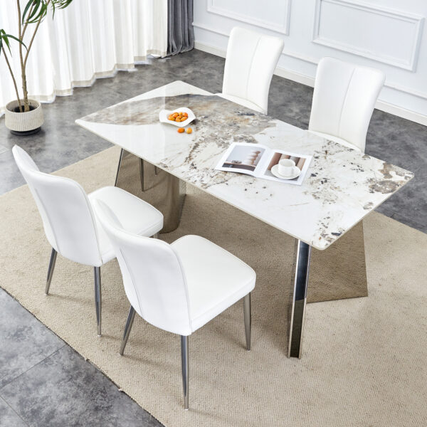 9ca3df1b2a99429dad52289fe9b05af7_4bd4b1cd17ae482251050e99ae01db94 Table and chair set.63"x31.5x30" Luxurious Pandora patterned Sintered Stone Tabletop with Silver Stainless Steel Legs.Paried With 4 White PU Chairs with a vertical stripe design on the backrest.