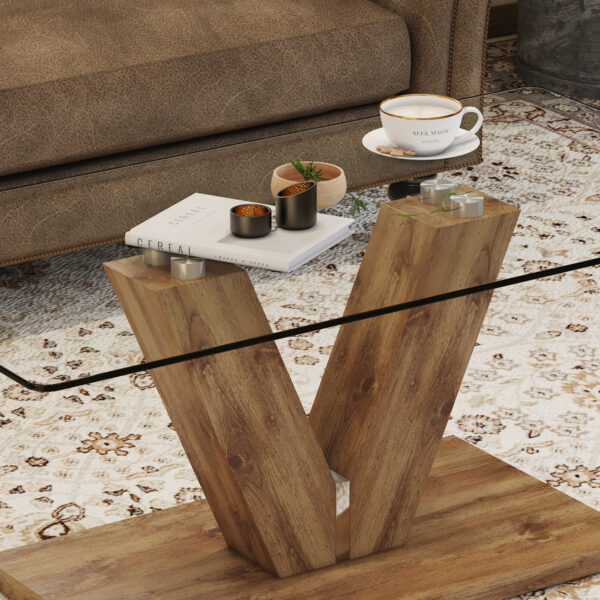 9cb36e9dc17c4efe8492e79e60b632ed_20240321_1dc16ae08a409eece9337a602919913e A modern minimalist style coffee table. Transparent tempered glass tabletop with wooden MDF columns. Suitable for living room and dining room. CT-V