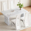Table and chair set.63"*35.4" White Imitation Marble Pattern MDF Dining Table Set - 4 PU Chair With White Saddleback, Geometric Pattern Backrest,Silver Curved Metal Leg.Suitable For Various Scenes.