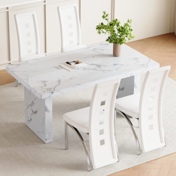 9cca0ba003044097bc7fcf145a75fde0_e385a66c85e5019db87a1271573e1374 Table and chair set.63"*35.4" White Imitation Marble Pattern MDF Dining Table Set - 4 PU Chair With White Saddleback, Geometric Pattern Backrest,Silver Curved Metal Leg.Suitable For Various Scenes.