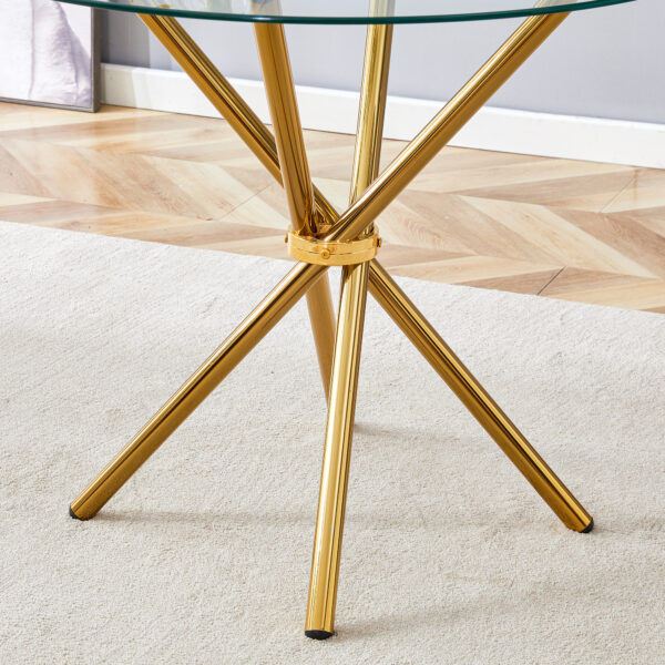 9cd5a0d953fa4c28ab5e74275478885c_dfbd93d281ece5c89dffa6a1aafde32f Round clear glass dining table with a unique shape for 4-6 people, with ring-shaped gathered gold metal legs, suitable for desks, kitchens, terraces, dining rooms.