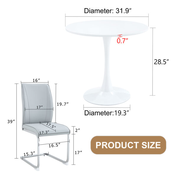 9ce9bb82257f4028ae94cbd74ab29a1b_46b9d8475251dff8bae9a9c384b4dc34 Table and chair set.Hourglass-Shaped Stable Small Round Table -31.9" * 31.9" With 4 Soft and Comfortable Light Gray PU Chair With Arched Metal Silver Leg.Create Your Exclusive Low-Key Luxury Space.
