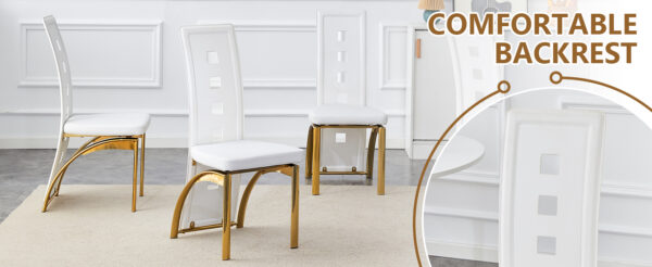 9d1cca8a5c6642249b2d9f6d04b6912f_b0c3c3c304ca93c7bbbae44208b1aa49 Table and chair set.63"*35.4" White Imitation Marble Pattern MDF Dining Table Set - 4 PU Chair With White Saddleback, Geometric Pattern Backrest,Golden Curved Metal Leg.Suitable For Various Scenes.
