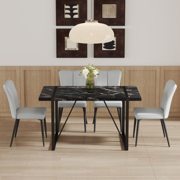 9d296be9c2454108967cb04e899f6b43_422a029d74a3fb3b956b55df9f23436a Table and chair set.Modern Black Marble Pattern MDF Dining Set - 55"x31.4"with 4 Light Gray PU chairs with a vertical stripe design on the backrest.Suitable for kitchen,Dining room,etc