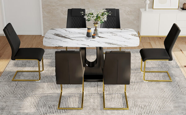 Table and chair set, modern and minimalist dining table, imitation marble patterned tabletop, MDF legs with U-shaped brackets. Paired with comfortable chairs, suitable for dining and living rooms.