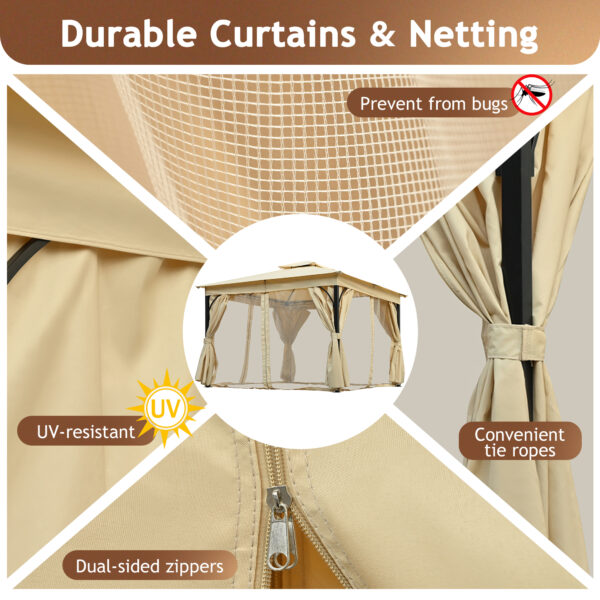 TREXM 10x12 Outdoor Gazebo Tent with Double Roofs, Patio Gazebo with Mosquito Netting and Privacy Screens, Patio Canopy for Shade and Rain for Backyard, Garden, Lawn and Deck (Beige)