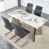 Table and chair set.63"x31.5x30" Luxurious Pandora patterned Sintered Stone Tabletop with Silver Stainless Steel Butterfly Legs.Paried With 4 Dark Gray High-quality PU Chairs With Arched Metal Legs.