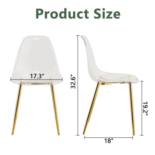 9d76879d120745f88629d03ec50000c5_e470c76fa52a2ade21b036b247c66871 Transparent and stylish ergonomic dining chair unlocks a new experience of lightweight fashion, comfort, and stability. Transparent seat cushion, golden metal legs. One box of three.