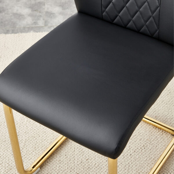 9d7d737299fd484989abfc87c5c0e5bc_54241608257163d52d7aa9dfd00d594b A modern minimalist style round transparent tempered glass table with gold metal legs, paired with 4 modern PU leather high-back dining chairs, bring a luxurious experience.