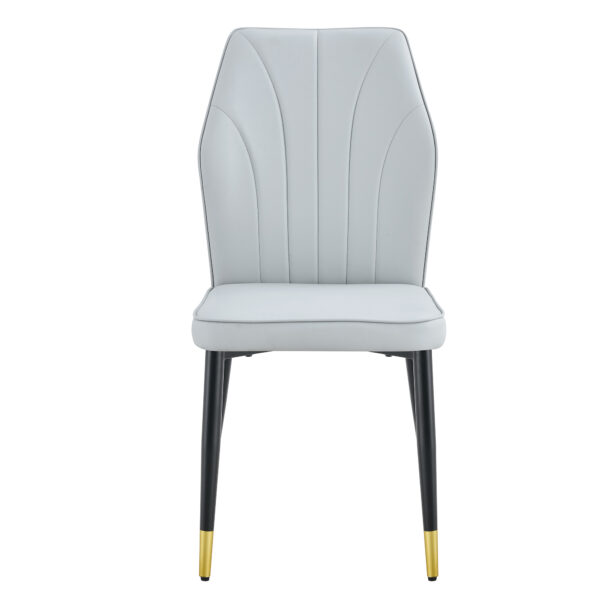 9d85108e052c43c794b711e29b81f758_2eb851bcd3b583b602e1c22779c6826d 4 light gray modern dining chairs with stylish PU patterned backrest and black metal legs for a comfortable home experience in the kitchen, bedroom and office.