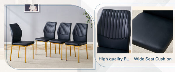 9daf6bbddc724c43a365c44acfae10db_92b987616cbecdcb63199f313c1f3ae9 Luxury Simple Chair - Set of 6 BLACK PU Material High Resilience Dining Chair with Metal Gold Leg.The Chair Back Has a Vertical Stripe Design With Smooth And Uniform Lines.