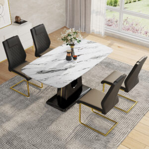 Table and chair set, modern and minimalist dining table, imitation marble patterned tabletop, MDF legs with U-shaped brackets. Paired with comfortable chairs, suitable for dining and living rooms.