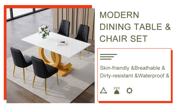 9ddf74dfa944457b8d027c1a8dac0c41_aa67ed5d5f590b0bb29d4dbf3a0ccddd Table and chair set.Subtle Luxury Tempered Glass Dining Set - 63"x35.4" with 4 Black PU Chairs.Metal Gold Chair Leg.White imitation marble texture sticker Tabletop. OC-Shaped MDF Table Leg.