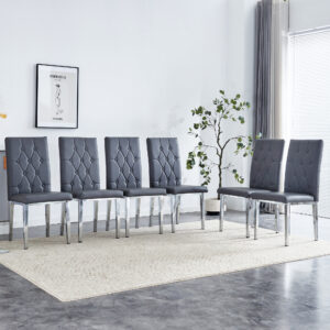 6 piece set of gray armless dining chairs brings a touch of elegance and mystery to the dining area with its deep gray tone,The grid and buckle design of the back add a vintage yet fashionable touch