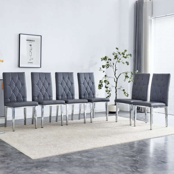 9de8f82bb73b400ea12b8d79d8eb9d10_44dab314226d3db8de714e2c23692427 6 piece set of gray armless dining chairs brings a touch of elegance and mystery to the dining area with its deep gray tone,The grid and buckle design of the back add a vintage yet fashionable touch