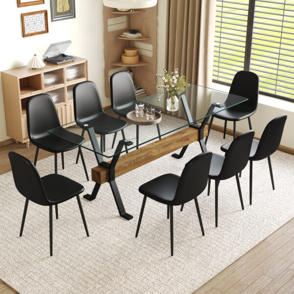 Table and chair set.79"x31.5" with X-shaped Black Metal Table Legs,Wood Grain Textured MDF Crossbeam.Paired With 8 Modern Mid-Century Style Upholstered Side Black PU Chairs.