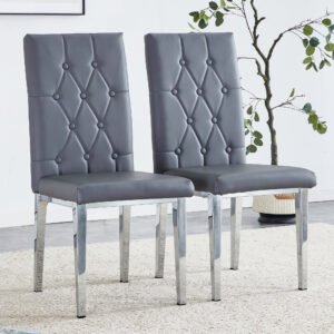 2 piece set of gray armless dining chairs brings a touch of elegance and mystery to the dining area with its deep gray tone,The grid and buckle design of the back add a vintage yet fashionable touch