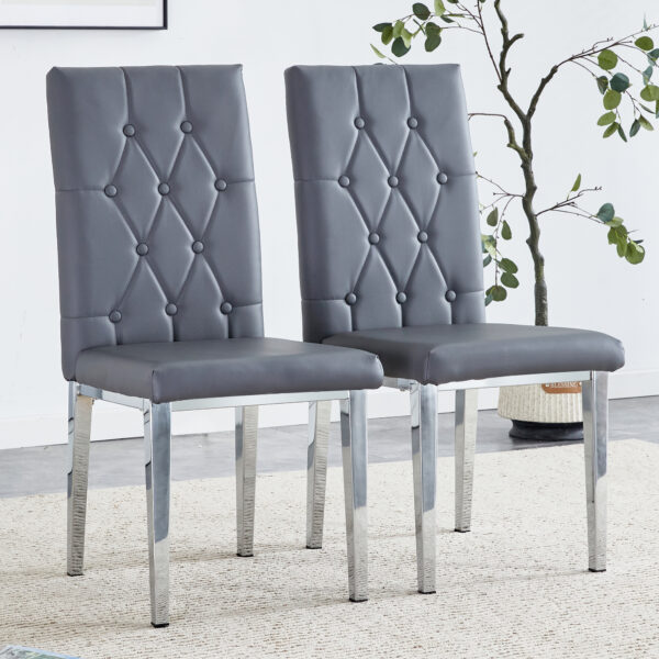 9e15e5bfc88440f3aff0c4df57aea802_42cab512a0f54662f009a70a4c79181b 2 piece set of gray armless dining chairs brings a touch of elegance and mystery to the dining area with its deep gray tone,The grid and buckle design of the back add a vintage yet fashionable touch